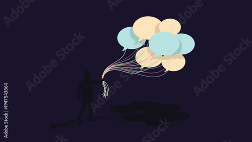 Silhouette of a sad person sits on a slope leaning against a giant clock while another person walks away with a dog in a desert landscape for time.