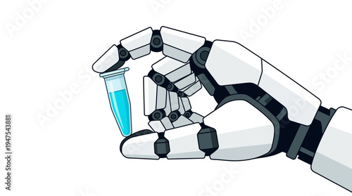 Robotic Hand Holding a Laboratory Test Tube with Blue Liquid, Illustrating Automation in Science, Biotechnology Research, and AI in Healthcare Medical Illustration