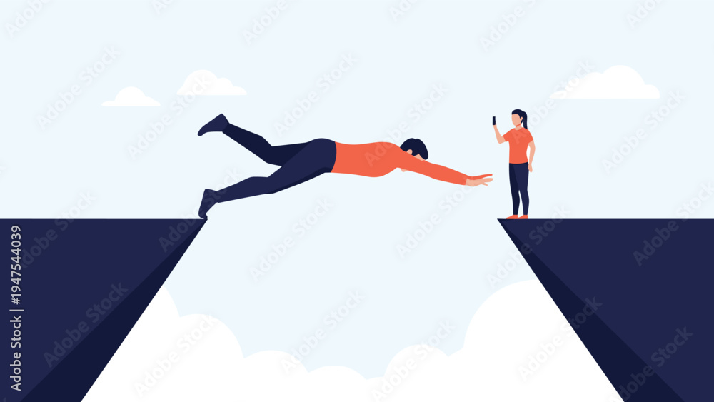 Obraz premium Man taking a leap of faith across a deep gap while a woman records the moment on her smartphone for social media.