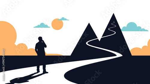 Determined businessman silhouette looking at a winding path leading to a high mountain peak representing future goals.