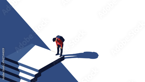 Person with a backpack standing on a high ledge looking down into the distance with a deep sense of contemplation.