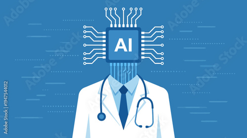 AI Doctor and Artificial Intelligence in Healthcare Conceptual Illustration with CPU Chip Head, Stethoscope and Lab Coat on Blue Background
