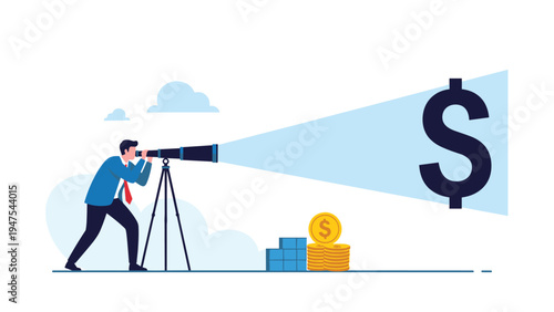 Strategic businessman using a telescope on a tripod to focus on financial goals and monetary success in the distance.