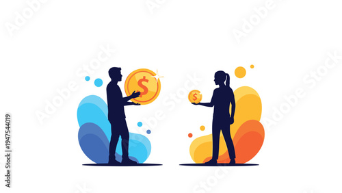 Businessman and businesswoman holding different sized dollar coins illustrating income inequality or budget differences.