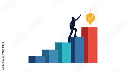 Ambitious man climbing up a colorful bar graph to reach a glowing lightbulb representing a successful innovative idea.