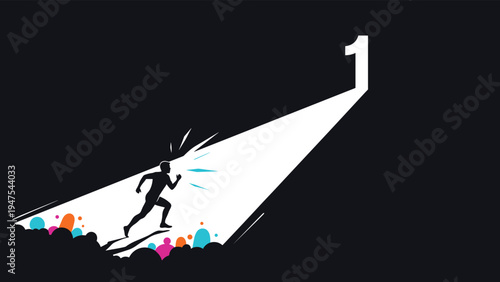 Determined runner racing along a spotlight beam towards the number one symbol signifying a desire for top achievement.