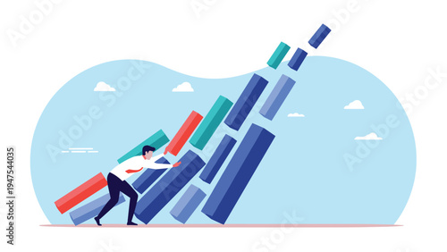Stressed businessman attempting to stop a row of falling blocks to prevent a corporate collapse or chain reaction.