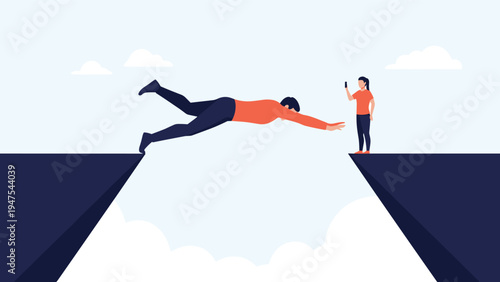 Man taking a leap of faith across a deep gap while a woman records the moment on her smartphone for social media.