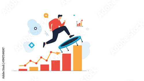 Energetic businessman jumping from a small trampoline onto a bar graph to accelerate his path to professional success.