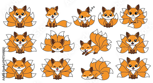 Cute cartoon nine-tailed fox characters in various poses