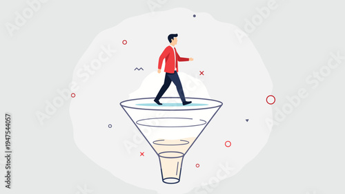 Businessman walking carefully across the top of a marketing funnel representing the customer journey and sales process.