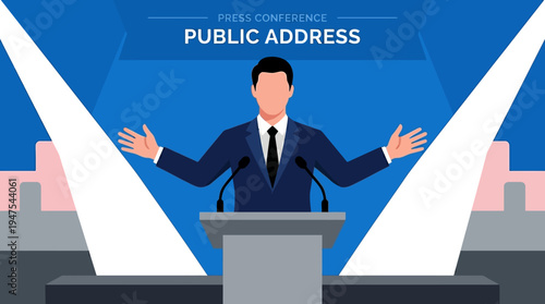 Politician or Businessman Giving a Public Address at a Press Conference on Stage with Microphones and Spotlights - Professional Vector Illustration