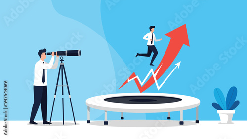 Innovative businessman using a trampoline to boost himself over a rising growth chart and reach new heights in his career.