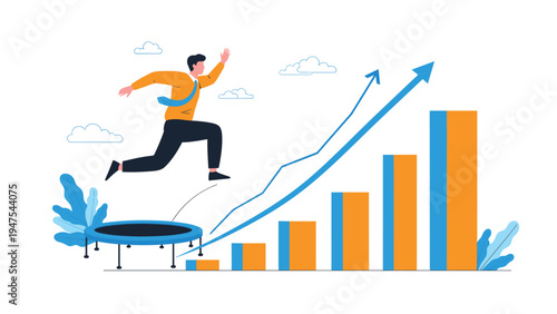 High jumping businessman leaping from a trampoline towards a rising bar graph to signify rapid growth and success.