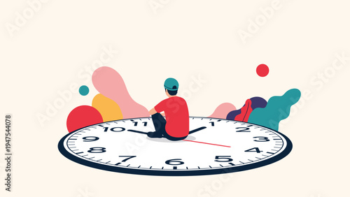 Young man sitting on a large flat clock reflecting on time management and the passing of life moments and milestones.