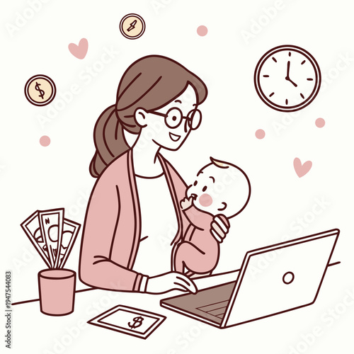 Working Mom Balancing Career and Childcare at Home with Laptop