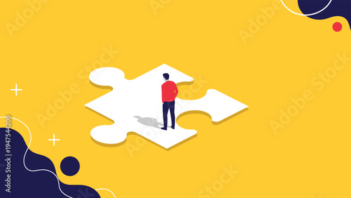Silhouette of a person stands alone on a single giant puzzle piece in a vast yellow space representing the search for a solution or mystery.