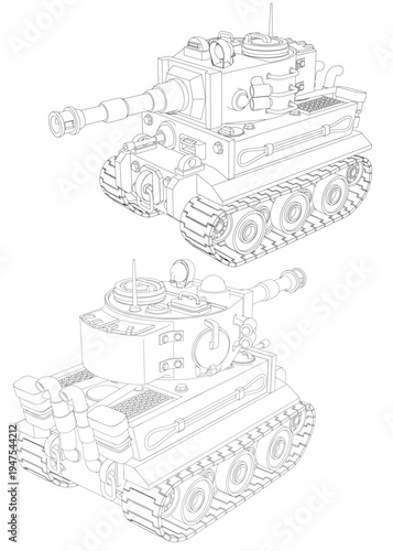 Stylized German tank.. Silhouettes. A perspective view. Isolated on white background. Vector illustration.