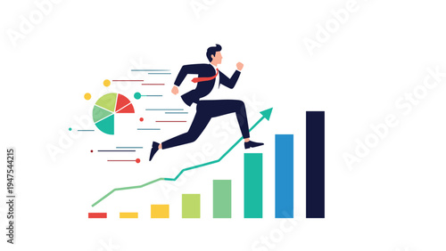 Ambitious businessman in a suit runs up a colorful bar graph towards a rising arrow while surrounded by symbols representing rapid success.