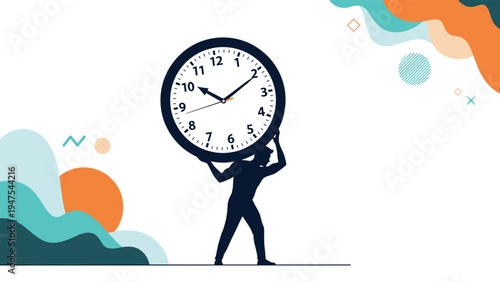 Strong silhouette of a man carries a massive clock on his shoulders representing the heavy burden of time management and deadline pressure.
