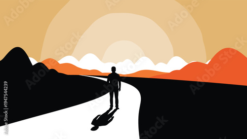 Silhouette of a person stands on a long road facing a giant glowing sun rising over a mountain range representing hope and new beginnings.