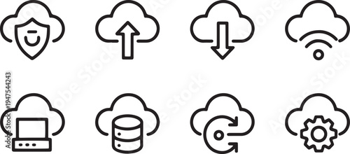 Cloud Services Icons Set. Cloud Computing, Data Storage, Backup and Transfer Symbols Vector