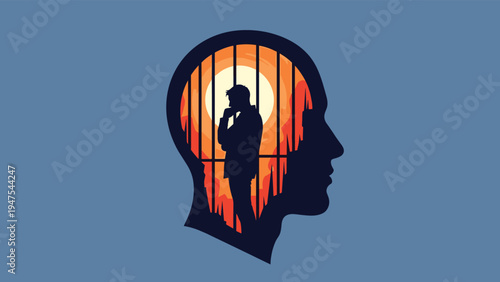 Silhouette of a human head containing a person sitting behind bars while thinking representing a mental prison and being trapped in thought.