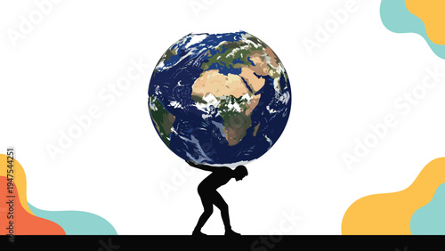 Silhouette of a person carries the entire planet earth on their back representing global responsibility and the heavy weight of world care.