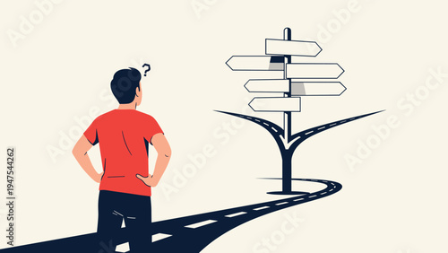 Person stands at a fork in the road looking at a signpost with many blank signs representing confusion and the difficulty of a life choice.