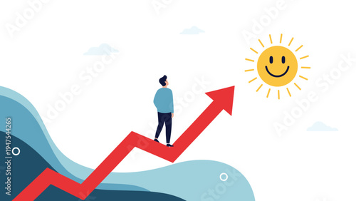Silhouette of a man walks up a zigzagging red arrow towards a smiling sun representing positive progress and reaching for true happiness.