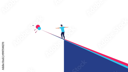 Brave man balances on a thin tightrope high above a cliff edge while moving towards colorful circles representing risk and careful balance.