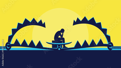 Silhouette of a man sits depressed inside a giant metal bear trap representing being caught in a difficult situation or emotional struggle.