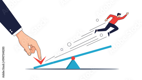 Giant hand in a suit pushes down on a lever to launch a man into the air symbolizing external support, help, and rapid career advancement.