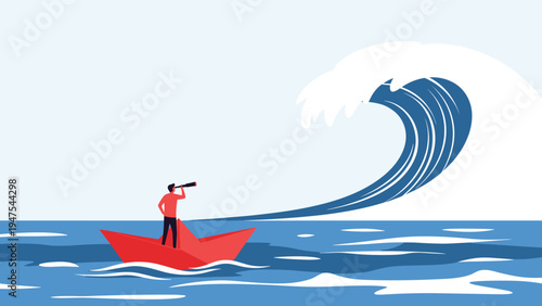 Man in a small red paper boat uses a telescope to look at a massive ocean wave representing the search for opportunities during a crisis.
