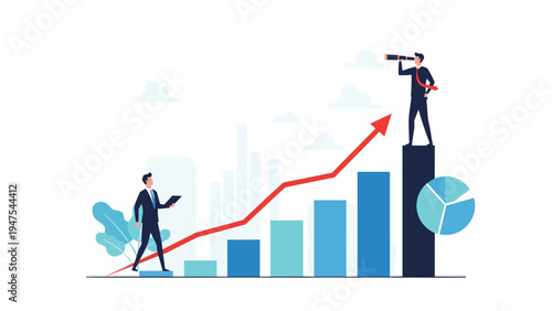Businessman standing on a growing bar chart looking through a telescope while another manager monitors the progress of business development.