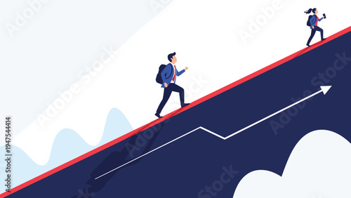 Two business professionals walk up a steep rising arrow graph representing hard work, teamwork, and the journey towards corporate success.