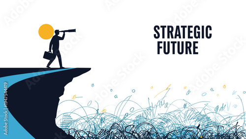 Silhouette of a businessman stands on a cliff edge looking through a telescope towards a strategic future in a messy and chaotic world.