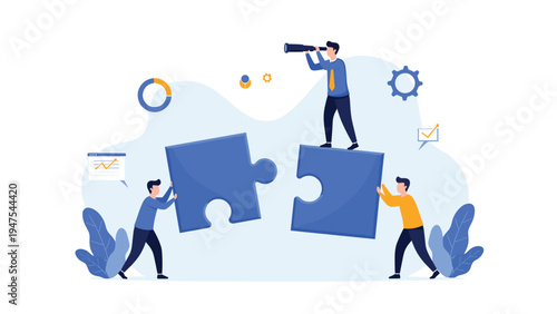 Team of professionals collaborating to solve complex business problems by fitting large puzzle pieces together with a visionary leader guiding.