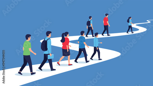 Diverse group of people walking along a winding path toward a common destination illustrating the concept of a shared journey or progression.