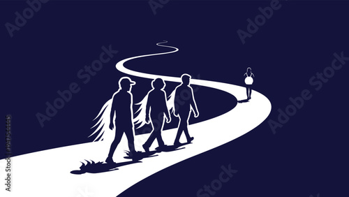 Silhouettes of three winged figures walking along a winding path in the dark representing guardians or spiritual guides on a long journey.