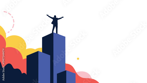 Triumphant businessman silhouette standing on top of tall blue blocks with arms wide open celebrating business success and corporate victory.