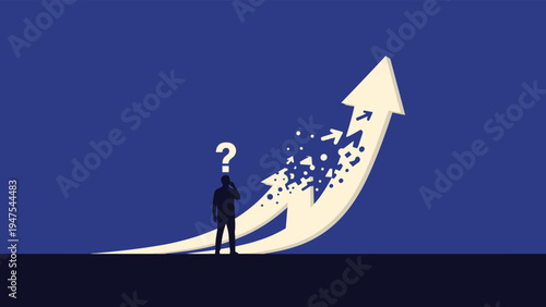 Businessman silhouette standing in thought next to a large upward arrow that is breaking apart representing failure or market volatility.