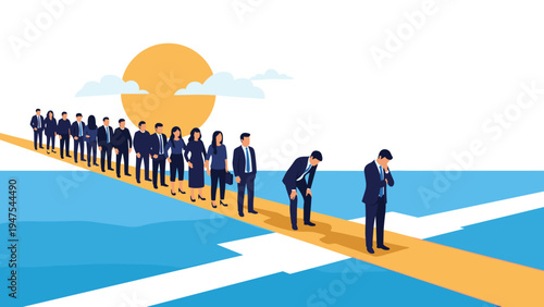 Long line of business people following a path toward the horizon while one leader at the front pauses to think and contemplate the next move.