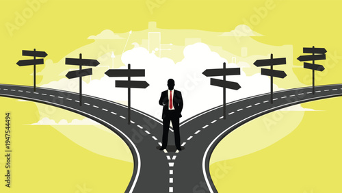 Silhouette of a businessman in a suit stands at a crossroad with many signposts pointing in different directions against a yellow background sky.