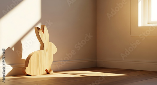 A wooden rabbit silhouette stands on a sunlit wooden floor in a minimalist room, casting a long shadow.