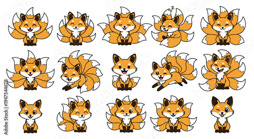 Japanese kitsune multi tail fox character set with various poses