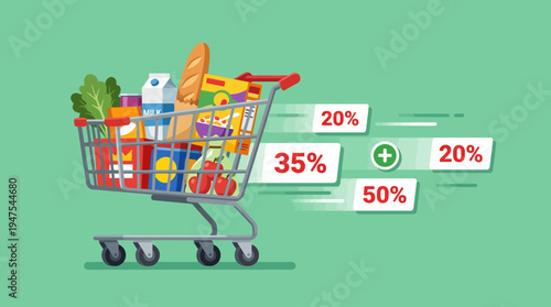 Full Shopping Cart with Groceries and Discount Percent Tags, Supermarket Sale and Fast Delivery Vector Illustration