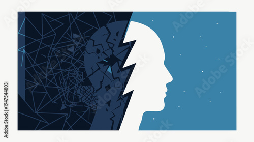 Mental Health Awareness Concept Illustration Depicting Duality of Mind with Depression Chaos and Peace Clarity