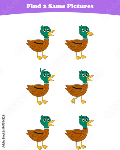 Funny cartoon animals. Find two same pictures. Educational game for children. Cartoon vector illustration