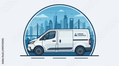 Urban Logistics Delivery Van with Modern City Skyline Background, Flat Vector Illustration of Cargo Transport and Express Shipping Service in a Circular Frame